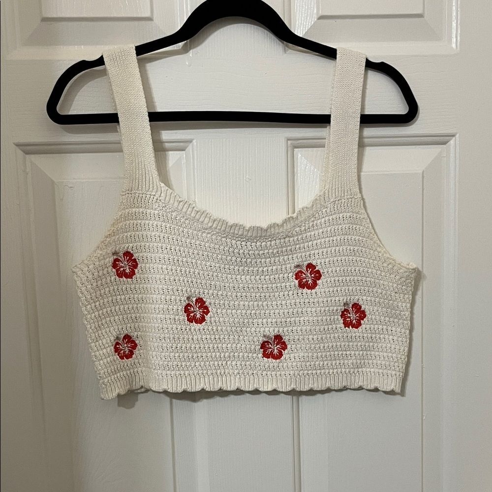 White Crochet Crop Top with Red Flowers